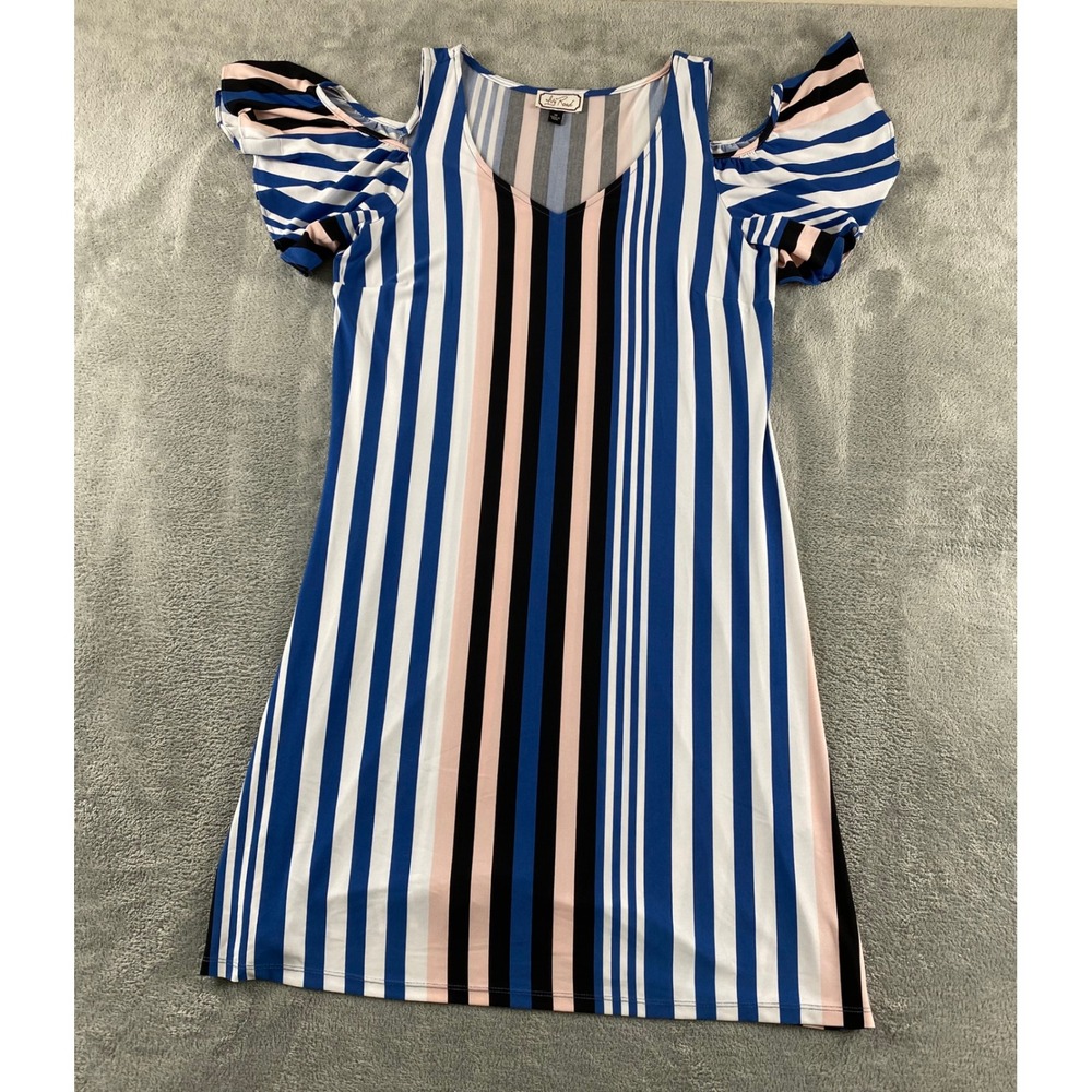 Ivy Road Womens Blue Pink Striped Cold‎ Shoulder V-Neck Flutter Sleeve Dress M